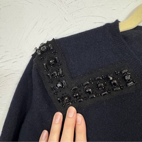 J Crew Navy Blue Beaded Shoulder Cashmere Blend Sweater Womens L Preppy Coquette - Picture 8 of 10